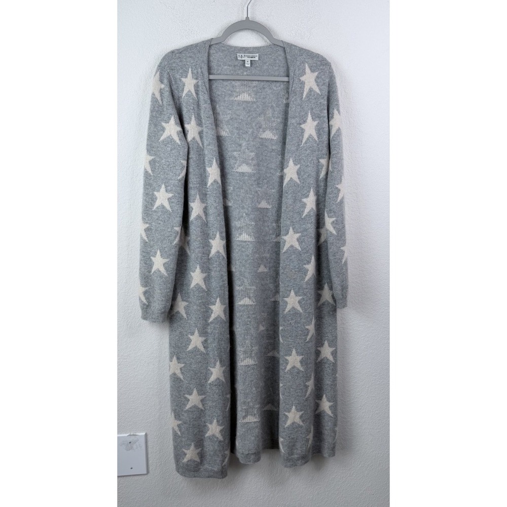 Neiman Marcus 100% Cashmere Long Cardigan Duster M Gray Star Print Quiet Luxury